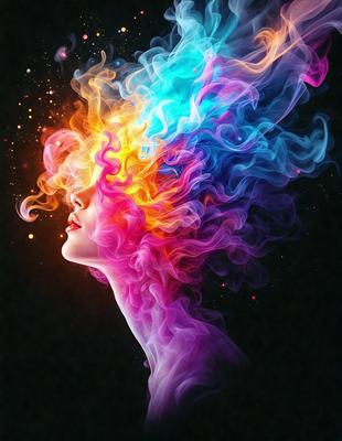 The primary subject of the image is a woman with a colorful, swirling head of hair. The setting is a dark background, which contrasts with the vibrant colors of the woman's hair. The visual style is a digital art or illustration, as the woman's hair is depicted in a swirling, abstract pattern. The colors and mood of the image are lively and energetic, with the woman's hair being the main focus and source of visual interest.
